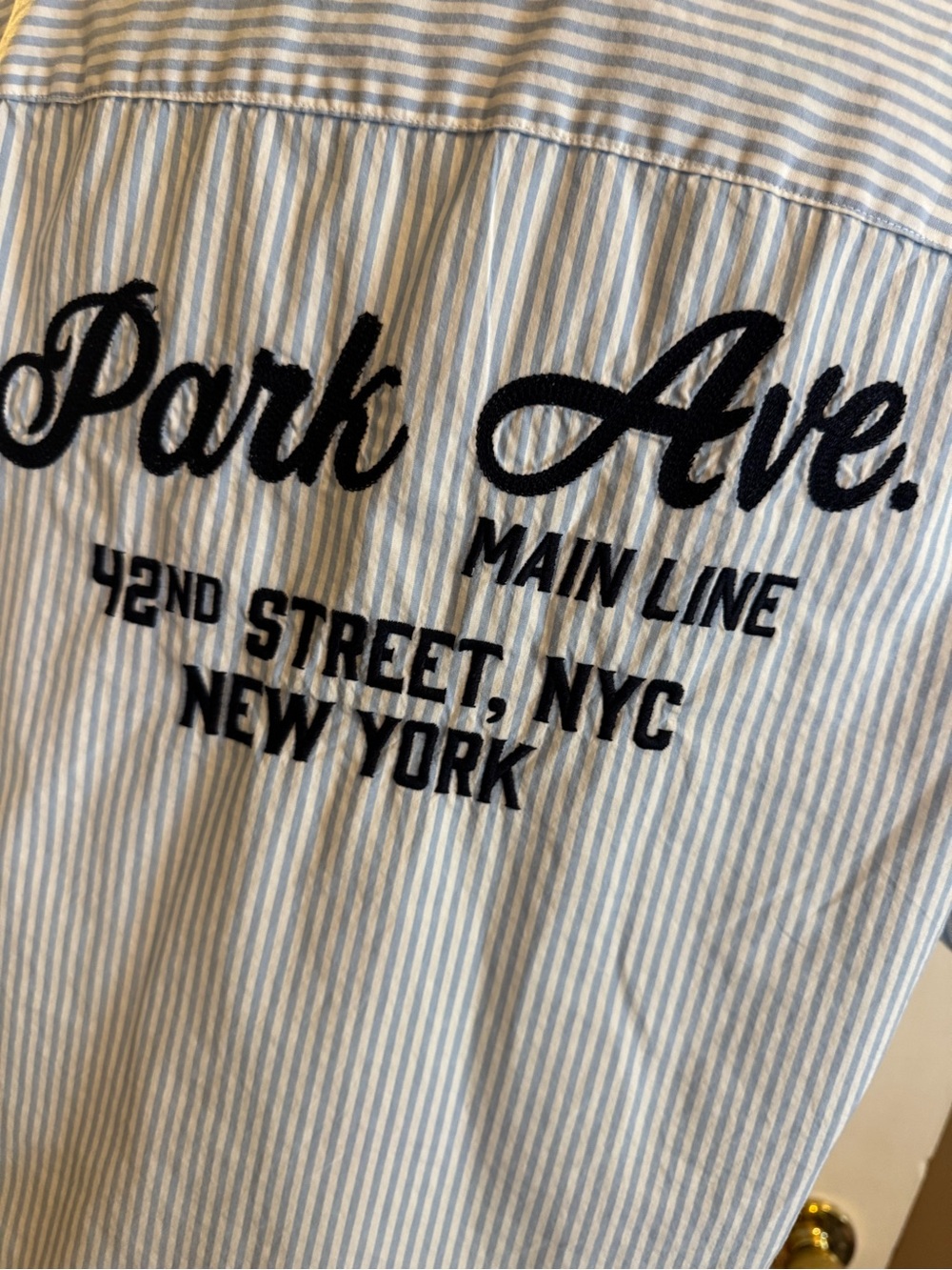 Abercrombie & Fitch Light Blue and White Striped graphic workwear cropped shirt - Picture 6 of 11